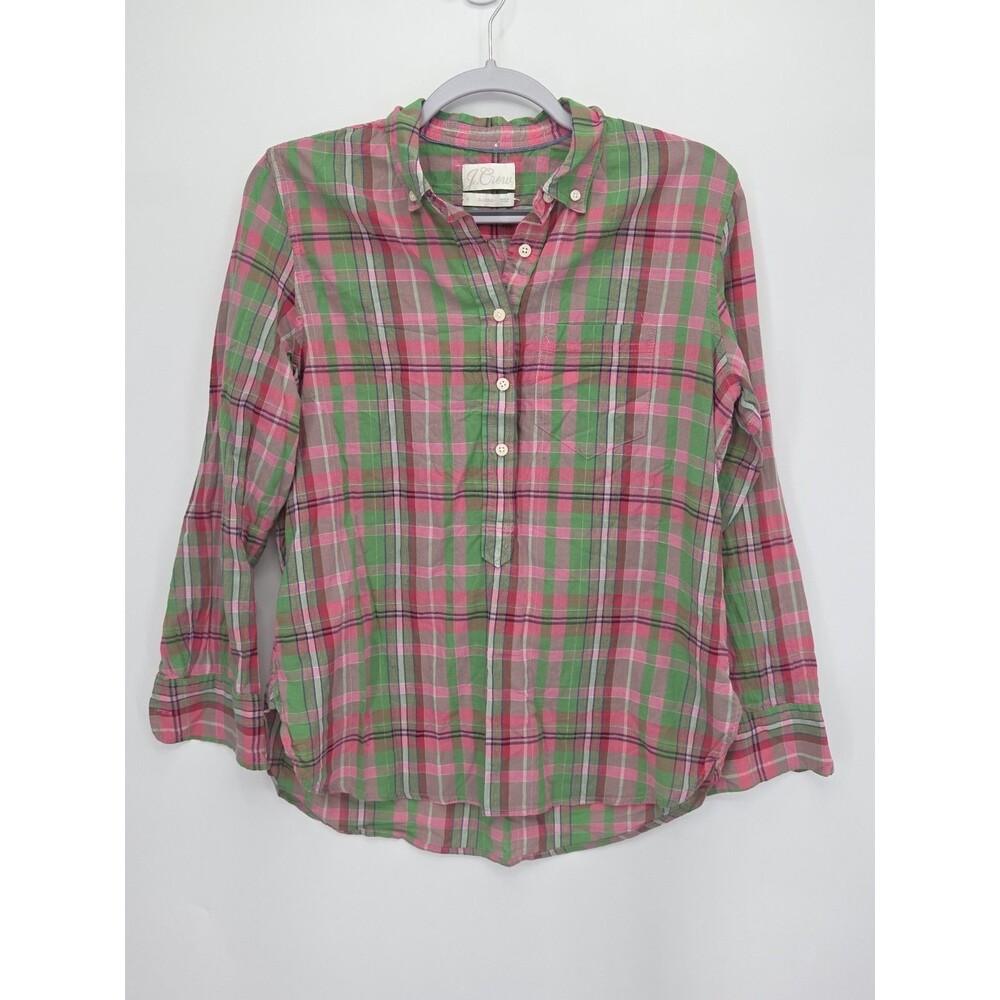 J Crew Classic Fit Crinkle Plaid Popover Top Womens 6 Pink Green Cotton